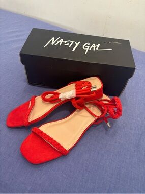 Nasty Gal Red Braided Lace-Up Sandals